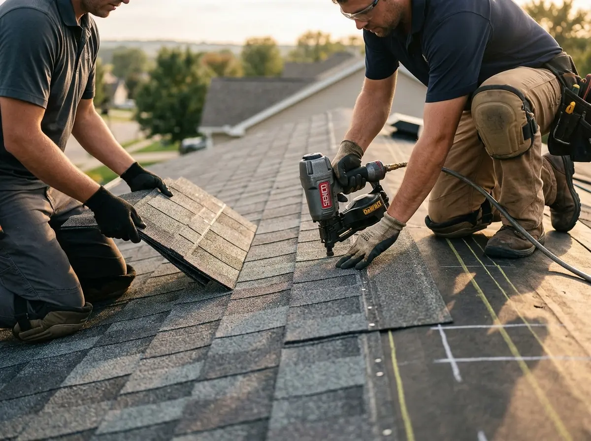 Professional roofer working on a residential roof in Clark